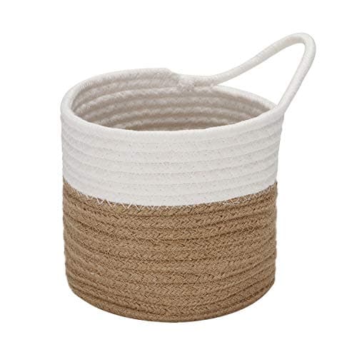 Image of Sea Team Hanging Cotton Rope Baskets, 6.7 Inches Small Woven Storage Basket, Bike Hang Bag, Fabric Planter, Pot, Wall, Door Organizer for Keys, Wallets, Sunglasses, (Flaxen & White)
