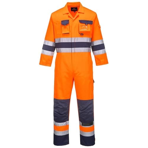 Image of Portwest TX55 Nantes Hi-Vis Contrast Coverall Mens Workwear Boiler Suit Reflective Tape Multi Pocket Polycotton Construction Road Rail Utility Overalls Unisex, Orange/Navy, L