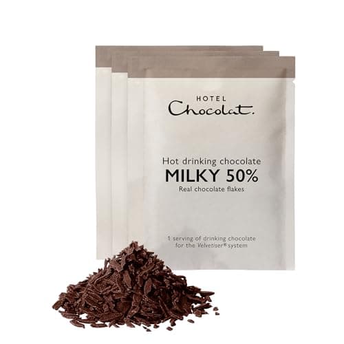 Image of Hotel Chocolat Milky 50% Hot Chocolate Sachets - Luxury Chocolate Flakes - Pack of 20 Single-Serve Sachets, 700g - Made To Pair With The Velvetiser - Serve Hot or Iced