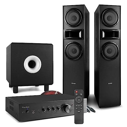 Image of Fenton Audizio 2.1 Tower Speaker TV System with SHF700B Floor Standing Speakers, 8" Black Active Subwoofer & AD220B Bluetooth Amplifier - Home Cinema Surround Sound Kit