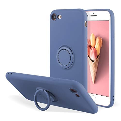 Image of UEEBAI Case for iPhone 7 Plus iPhone 8 Plus, Ultra Slim Liquid Silicone Phone Case with 360 Rotatable Ring Holder Kickstand with Magnetic Car Mount Gel Rubber TPU Bumper Shockproof Cover - Blue Grey