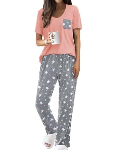 Image of Famulily Women's Cute 2 Piece Printed Pajama Set Soft Short Sleeve Tshirt Tops with Full Length Long Pants Pink M