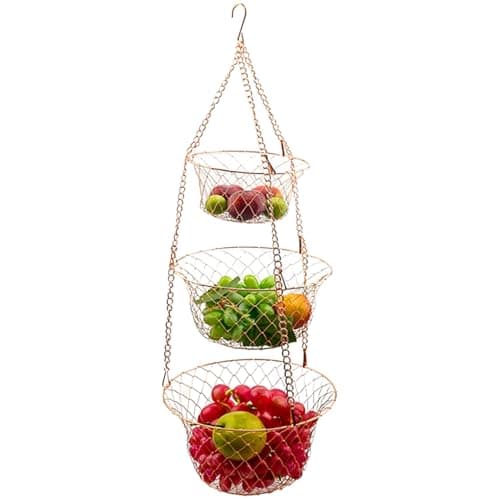 Image of Hotainoys Hanging Fruit Basket, 3-Tier Metal Hanging Baskets for Kitchen with Foldable Design, Sturdy Iron Storage Organizer for Fruits and Vegetables Rose Gold Fruit Basket