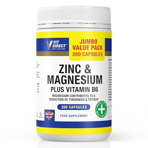 Image of Vit Direct - Zinc and Magnesium Supplements with Vitamin B6 - Jumbo Pack - 200 Capsules - Supports Energy, Reduces Tiredness & Fatigue - Promotes Healthy Hair, Nails, Skin & Bones
