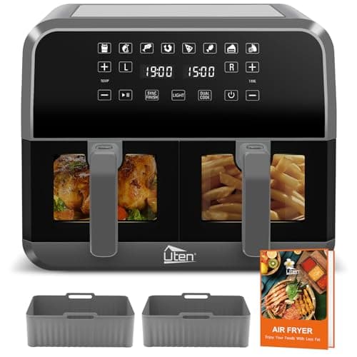 Image of Uten Dual Air Fryer with 2 Visual Window, 8L Air Fryer Dual Basket, 8 Cooking Presets, Energy Saving, Dual Cook and Sync Finish Functions, Dishwasher Safe, 114 Recipe, 2 Silicone Liners, 1700W