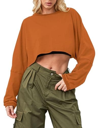 Image of Ziesexy Cropped Sweatshirt Long Sleeve Crop Top Workout Oversized Sweatshirt Loose Crop Tops For Women Crewneck Sweatshirt, Orange, M