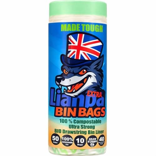 Image of 50L Drawstring Biodegradable Bin Liner, Food Waste Bags, 50 Litre Compostable Bin bags, 40 Micron Extra Strong Leak Resistant, compost recycling Bag for Kitchen Office, Green Natural 85×70cm 10 count