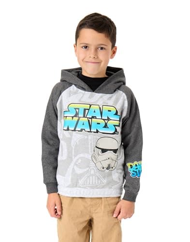 Image of Star Wars Boys Hoodie | Kids Two Tone Graphic Hooded Sweatshirt in Grey | Dark Side Stormtrooper Darth Vader Graffiti Style Apparel Sweater | Sci-fi Movie Film Character Merchandise Gift