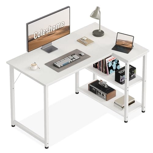 Image of Coleshome L Shaped Computer Desk, 100x70 cm Corner Desk, Office Desk with Reversible Storage Shelves, Writing Study Table for Work Play Home Office, White