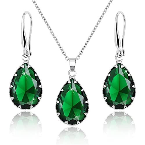 Image of Linawe Emerald Crystal Imitation Diamond Jewellery Sets for Women, Silver Pendant Matching Necklace Set, Green Drop Dangle Earrings Set, Boho Rhinestone Teardrop Jewellery Wedding Bridal Bridesmaid