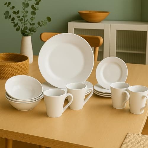 Image of Argon Tableware 16-Piece White Dinner Set - 4-Person Dining Set Kitchen Dinnerware Dinner Plates, Dessert Dish, Coffee Tea Mugs, Pasta Bowls Set for Starters, Mains, Dessert | Perfect for University