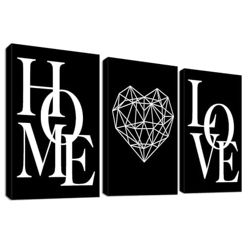 Image of 3 Panels Black White Canvas Wall Art Love Home Motivational Quotes Painting on Canvas Print Picture for Living Room Hallway Stairs Bedroom Bathroom Wall Decor Ready To Hang 90x40cm(12"x16"x3pcs)