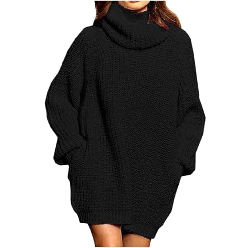 Image of Oversized Jumpers for Women UK Chunky Knit Cowl Neck Jumper Dress Top Long Sleeve Pullover Sweater Top Ladies Warm Knitted Jumper Longline Sweatshirt for Women Plus Size Fleece Top Black