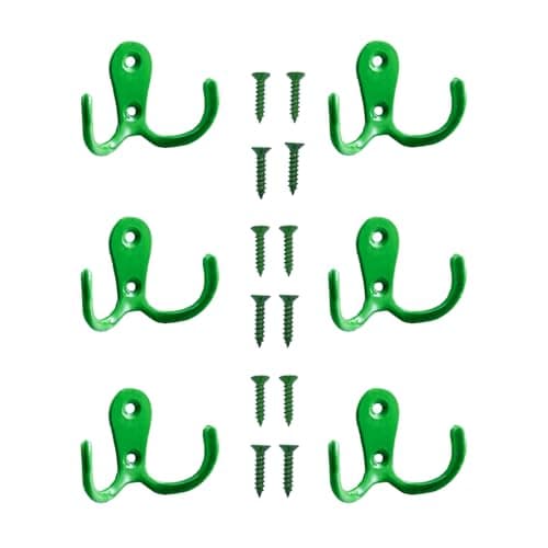 Image of Yesmin 6 Pcs Double Prong Robe Hooks, Dual Coat Hooks Wall Mounted Hanging Clothes for Bathroom Bedroom Door Wall Retro Metal Cloth Hanger Double Coat Hooks with 8 Screws-Green