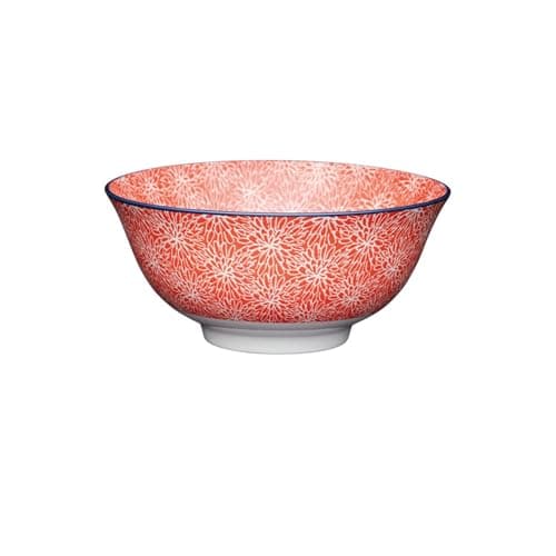 Image of KitchenCraft Ceramic Bowl Set with Japanese Style Floral Pattern, Stoneware, Red/White, 15.5 cm, Set of 4 Bowls,ECMKCBOWL37SET