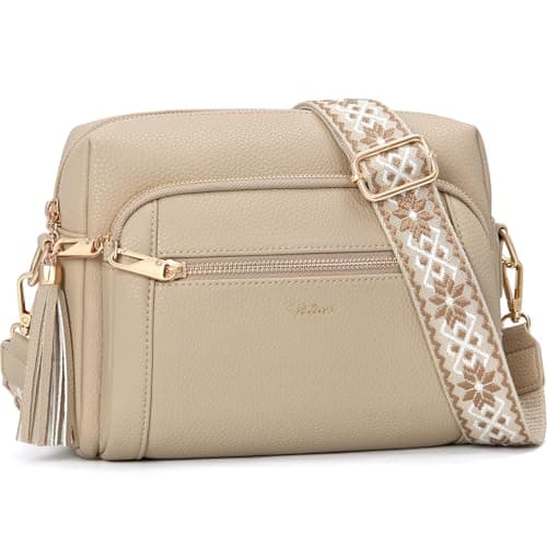 Image of HILAEX Women's Cross Body Bags, Crossbody Bags for Women with Anti-Theft Function 4 Zip Compartments Women Shoulder Handbags with Adjustable Wide Strap Khaki