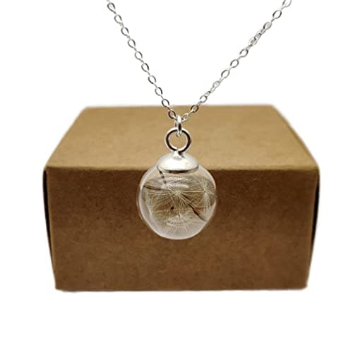 Image of Cairui Design Dandelion Make a Wish Real Flower Glass Ball Pendant 925 Sterling Silver Chain Necklace for Women Handmade