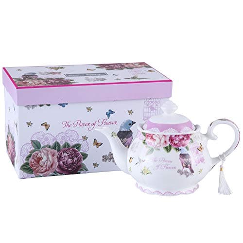 Image of Tea Pots, Large Teapot Milk Jug Sugar Bowl Afternoon Tea Set Teapots Set New Bone China Vintage Flora Gift for Her 1300ml (Teapot Bird Rose Butterfly)