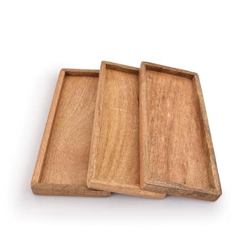 Image of Samhita Mango Wood Serving Platter with Raised Edge -Set of 3 for Display Fruit Snacks Appetizer Sushi Food Decorative (30.48cm x 12.7cm x 1.90cm)