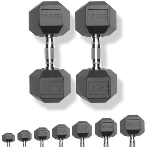 Image of Chase Fitness Rubber Hex Dumbbells Set (Pair of 22.5kg) 2.5kg–30kg – Free Weights for Home Gym, Anti-Roll Rubber Dumbbells, Strength Training Fitness Weights, Knurled Grip Hand Weights