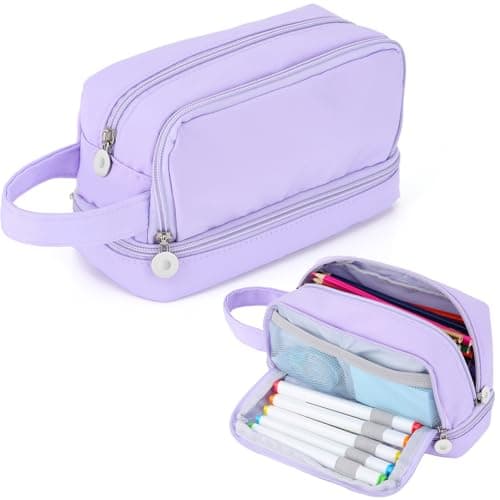 Image of Alyvisun Large Capacity Pencil Case with 3 Compartments for Boys Girls, Desk Stationery Organizer Pencil Pouch with Handle, Portable Pencil Case for School Office Supplies (Purple)