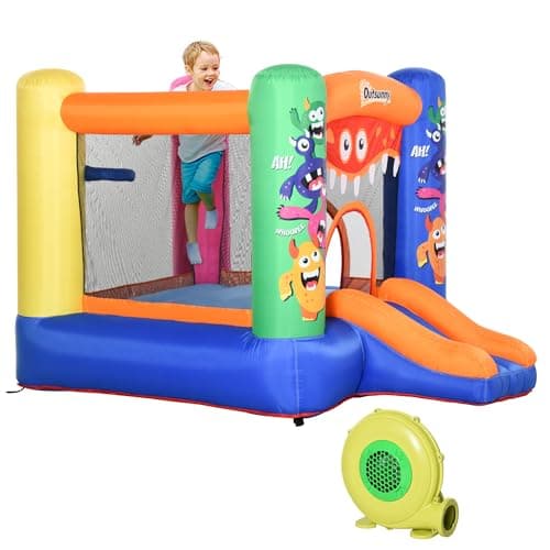 Image of Outsunny 3-in-1 Kids Bouncy Castle with Slide Trampoline Basket, Inflatable Bounce House with Blower for Kids Age 3-8 Monster Design 2.5 x 1.8 x 1.75m