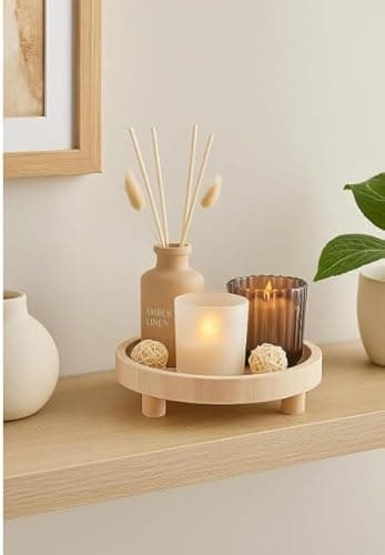 Image of New Amber Linen Scented Candle and Diffuser Set on Decorative Wooden Footed Tray, A Sophisticated Home Fragrance Gift Set, Ideal for Living Rooms, Bedrooms & Entryways.
