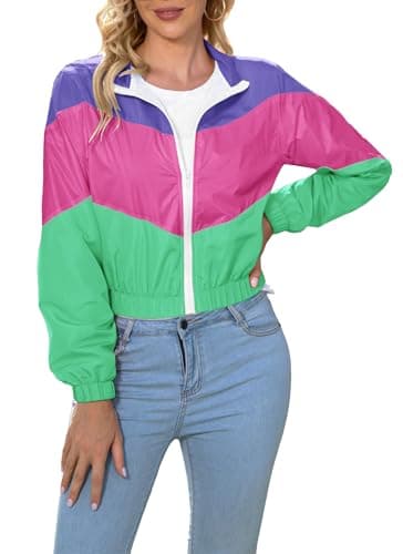Image of LAOARA Women’s Lightweight Windbreaker Sport Jacket Zip Up Color Block Coat Casual Long Sleeve Jogging Outerwear, Purple&green, S