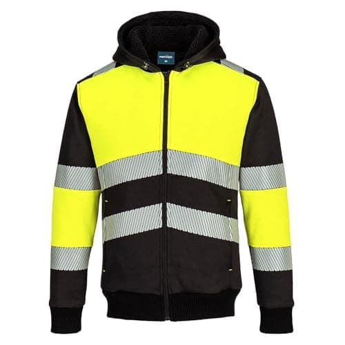 Image of Portwest PW377 Hi Vis Fleece Lined Mens Hoodie Zipped Winter Sweatshirt Casual Warm Insulated Outdoor Workwear Safety Jacket Yellow/Black, Large
