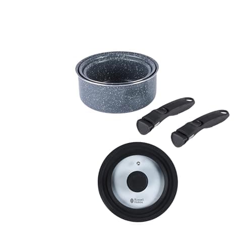 Image of Russell Hobbs Nightfall Stone Saucepan Set – Smart Clip Non-Stick Pans, 16cm, 18cm, 20cm, Stay Cool Detachable Handles, Universal Lid, Oven to Hob to Table Cooking, Space Saving Stackable Cookware