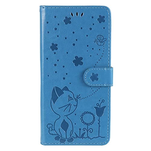 Image of nancencen Case for Xiaomi Mi CC9 Pro, Flip PU Leather Wallet Case for Mobile Phone, Shockproof TPU Cover [Kickstand] for Mi CC9 Pro Butterflies and Cats - Blue