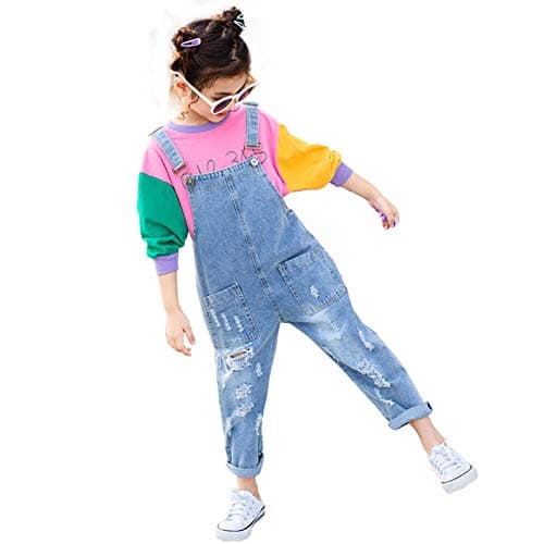 Image of Yao 3-14Years Girls Jumpsuit&Rompers Bib Overalls Adjustable Distressed Denim Jeans(Basic,13-14y)