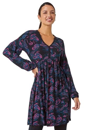 Image of Roman Stretch Jersey Dress for Women UK Ladies Gathered Waist A Line Swing Skater Fit & Flare A Line Winter Autumn Knee Length V-Neck Casual Smart Cocktail Party - Black - Size 10