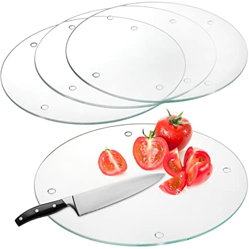 Image of Hacaroa Set of 4 Tempered Glass Cutting Board, 30cm Round Chopping Board with Rubber Feet, Non-Slip Clear Glass Tray for Kitchen Countertop, Scratch Resistant, Shatter Resistant, Dishwasher Safe
