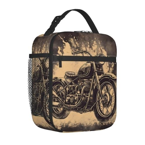 Image of Mexpekil Retro Motorcycle Insulated Lunch Bag for Women Men Thermal Lunch Box Portable Picnic Cooler Bag with Side Mesh Pocket Adults Lunchbox for Work