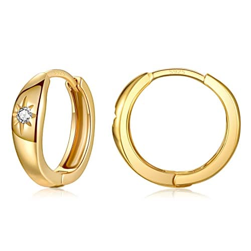 Image of Gold Hoops Earrings for Women, 925 Sterling Silver Post Small Gold Starburst Huggies Hoop Earrings with AAA Cubic Zirconia, 12mm Hypoallergenic Chunky Hoop Earrings for Mens Girls