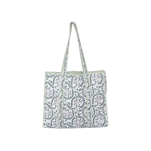 Image of Indian Cotton Quilted Tote Bag Women shoulder Bag Carry, shopping Beach Bag Summer Holiday Essentials Shopping Travel Bag with Pockets Handbags for Women (Green-Leaf)