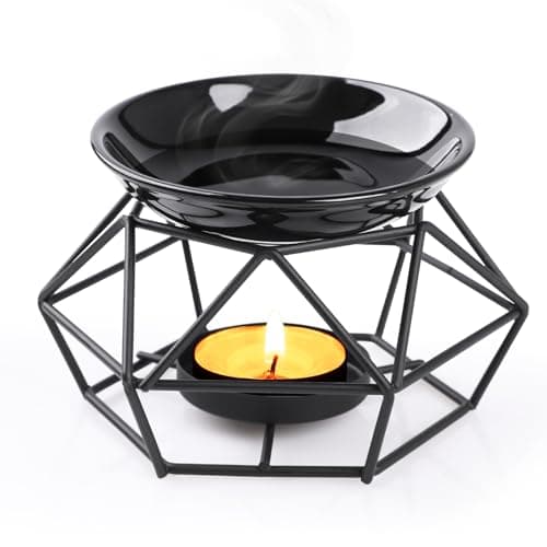 Image of Bighan Metal Essential Oil Burner Wax Melt Burner Diffuser, Tea Light Candle Holder Aroma Diffuser Home Bedroom Decor, Rhombic -Solid Black