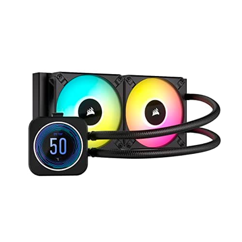Image of Corsair iCUE H100i ELITE LCD XT Liquid CPU Cooler - IPS LCD Screen - Two AF120 RGB ELITE Fans - 240mm Radiator - Fits Intel® LGA 1700, AMD® AM5, and More - Included iCUE COMMANDER CORE - Black