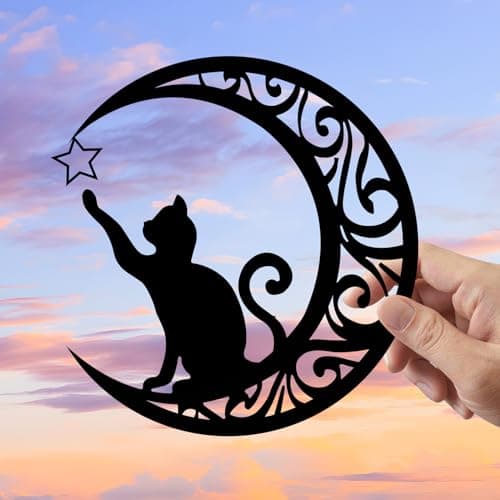 Image of SEGNAYEN Moon and Cat Metal Wall Art Decor, 29CM Modern Black Hanging Wall Decoration for Home Living Room Bedroom Hallway Stairs Wall Sculptures Cat Ornaments