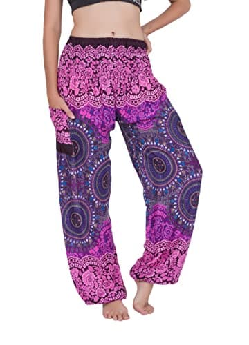 Image of CHAINUPON Harem Trousers Women Boho Loose Yoga Pants Casual Bohemian Hippie Lounge Elephant Pyjamas Bottoms (L-XL, Bohorose Purple)