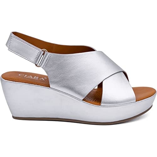 Image of CIARA LONDON Ladies Silver Open Toe Slip On Mid Heel Wedge Hook And Loop Casual Summer Sandals UK 6