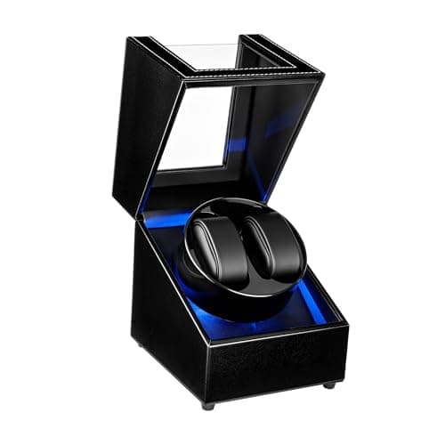 Image of Mcbazel LED Double Automatic Watch Winder with Blue Light, Quiet Motor Display Storage Rotation Wrist PU Leather Watch Box with 2 Slots-Black