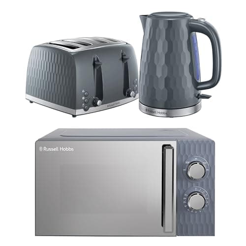 Image of Russell Hobbs Honeycomb Grey Kitchen Set, 1.7L 2400W Kettle, 4 Slice Toaster with Dual Browning Levels & 17L 700W Microwave with 5 Power Levels, Defrost & Reheat Functions HCBNDL4G