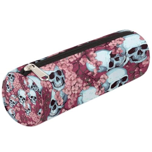 Image of VQUVQV Small Pencil Case, Portable Pencil Bag Pen Pouch for Boys Girls Teens, School Stationary Organiser Supplies Makeup Brush Bag, Cherry Blossom Skull Floral