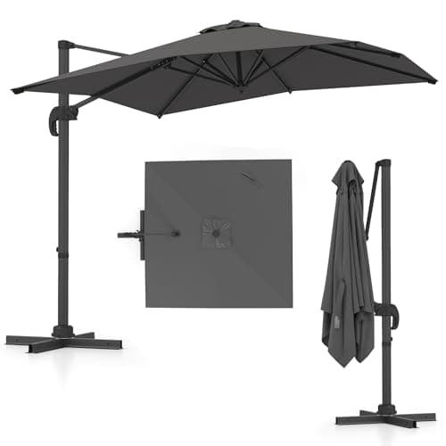Image of COSTWAY 2.5M Cantilever Garden Parasol, Square Offset Banana Umbrella with 5 Adjustable Tilt, 360° Rotation, Crank Handle & Cross Base, 8-Rib Outdoor Hanging Sun Shade Canopy for Patio Market (Grey)