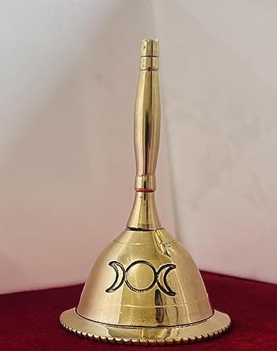 Image of Indian Consigners Hand Bell Loud Brass Call Bells 3 Inches Altar Pendulam Use (Triple Moon Gold)