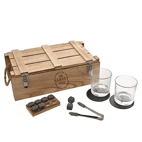 Image of Harvey Makin Whiskey Gift Set Incl Glasses, Coasters, Stones & Tongs in A Rustic Box