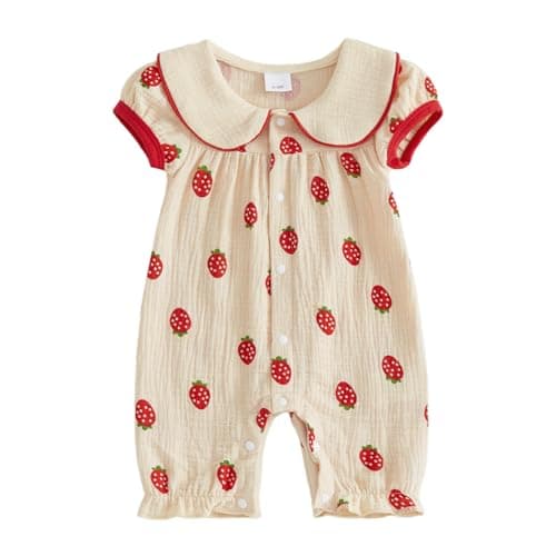 Image of XIXIMAON Baby Girls Rompers Cherry Print Round Neck Flying Sleeve Bow Decor Button Down Bodysuits Infant Outfit Newborn Summer Clothes Linen Jumpsuit (Strawberry, 6-12 Months)