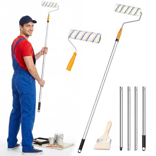Image of YOZAIUUI Detachable Long Paint Roller Set: Extendable Paint Roller with Stainless Steel Pole 3Pcs Rollers Covers Brush Painting Rollers for Walls and Ceilings Murals